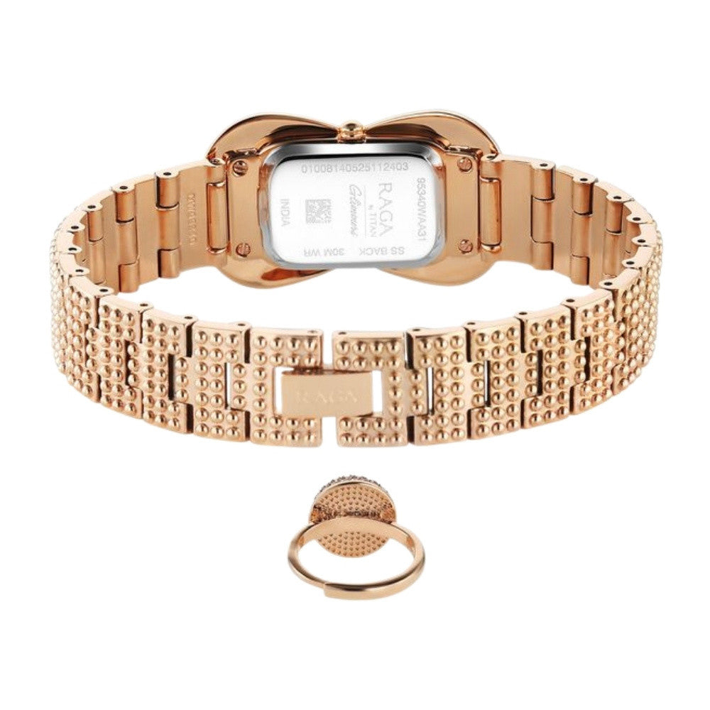 Titan Raga Glimmers Quartz Analog Pink Mother Of Pearl Dial Rose Gold Metal Strap Watch For Women 95340WM01F
