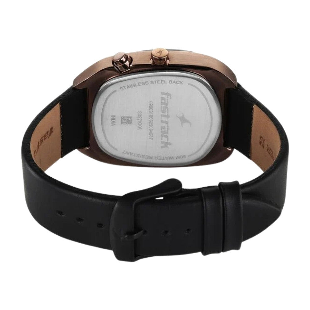 Fastrack UFO Quartz Multifunction Black Dial Black Leather Strap Watch For Guys 3327KL01