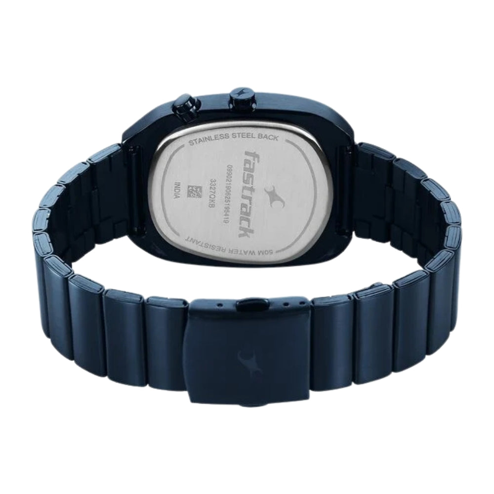 Fastrack UFO Quartz Multifunction Black Dial Blue Stainless Steel Strap Watch For Guys 3327QM01