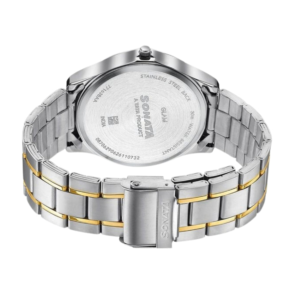 Sonata Traditional Essentials Black Dial Silver & Gold-Tone Stainless Steel Strap Watch 77163BM01W