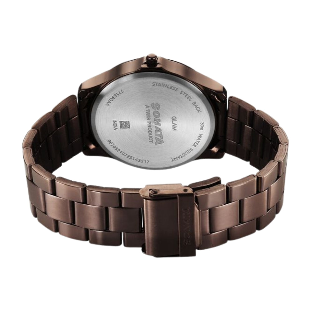 Sonata Traditional Essentials Quartz Analog Brown Dial Brown Metal Strap Watch For Men 77163QM01W