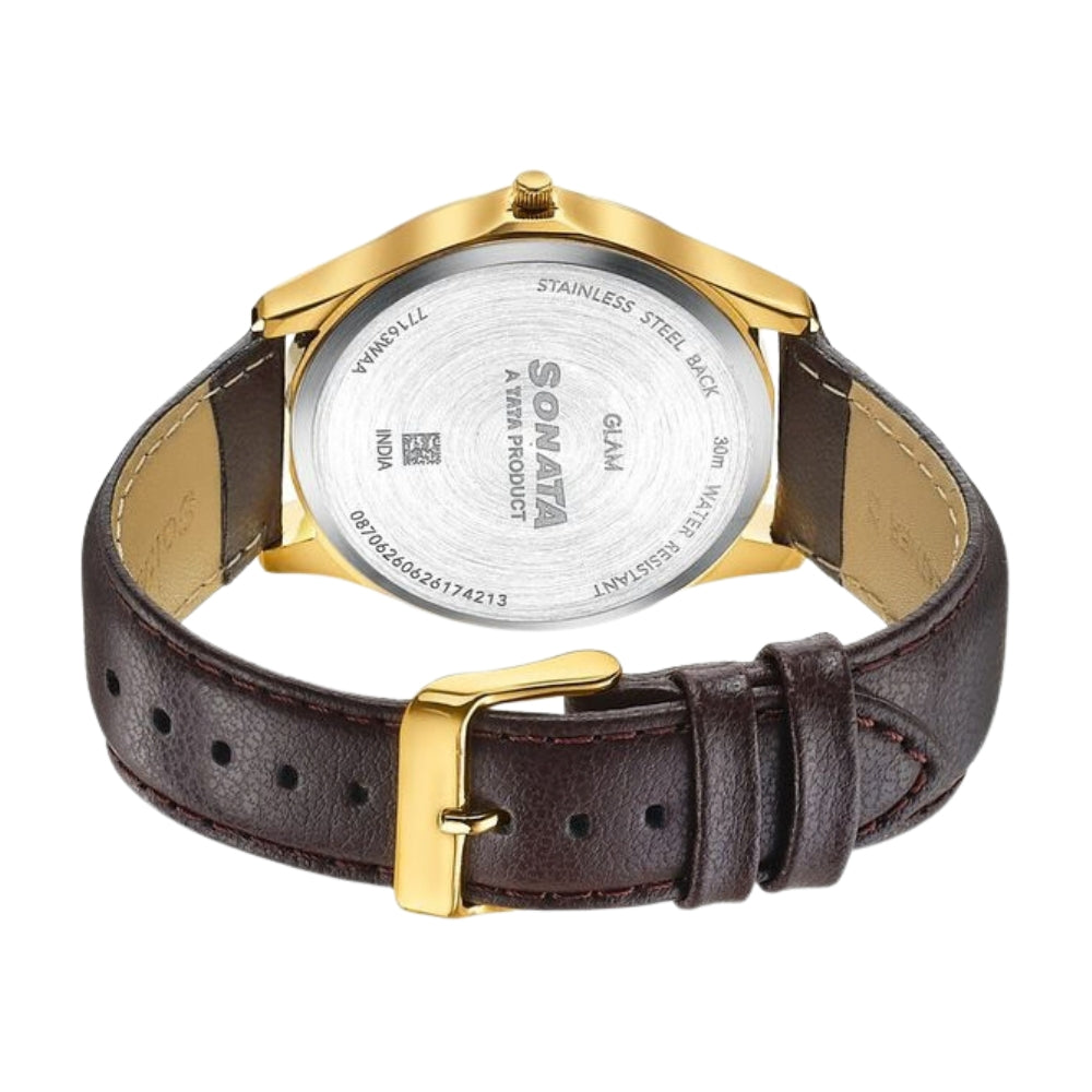 Sonata Traditional Essentials Silver Dial, Gold tone case Burgundy Genuine Leather Strap Watch 77163YL01W