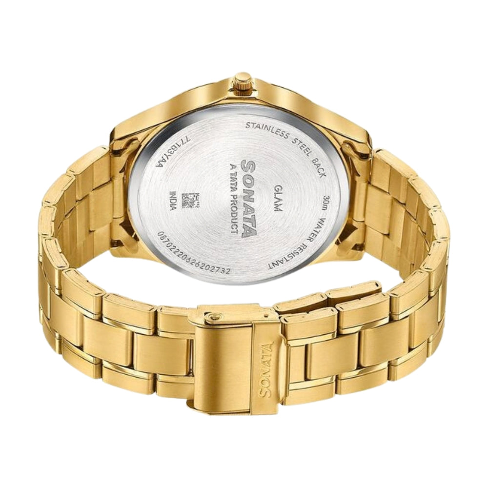 Sonata Traditional Essentials Green Dial Gold-Tone Stainless Steel Strap Watch 77163YM07W