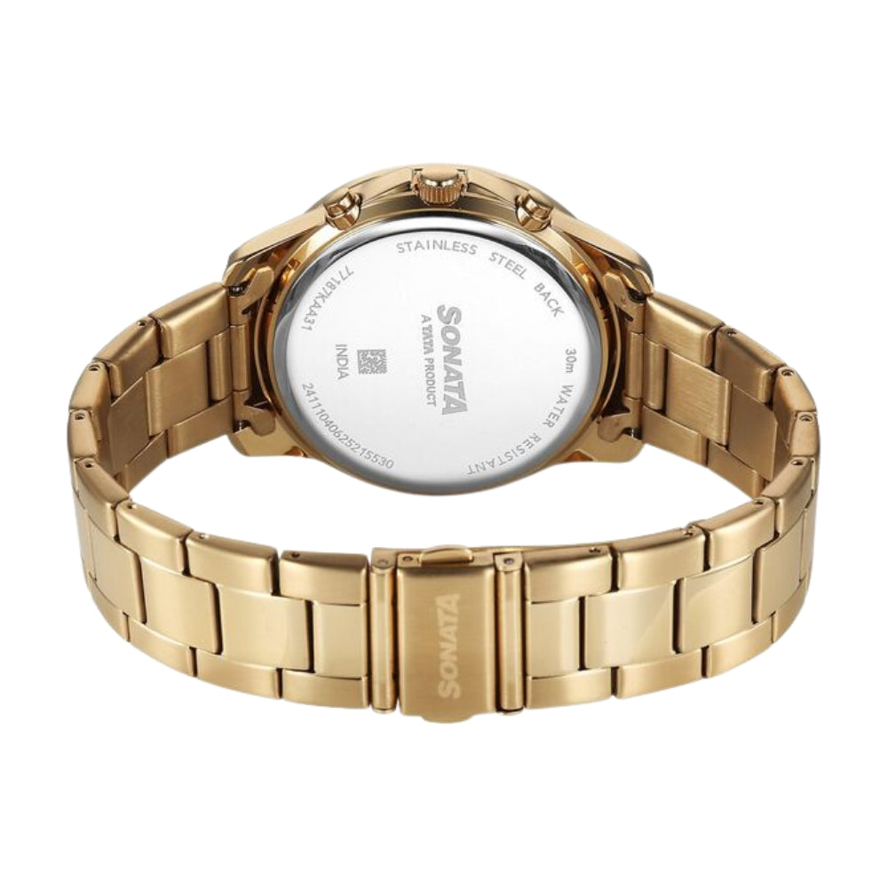 Sonata Chronos Quartz Analog with Date Silver Dial Golden Colour Stainless Steel Strap Watch For Men 77187KM03