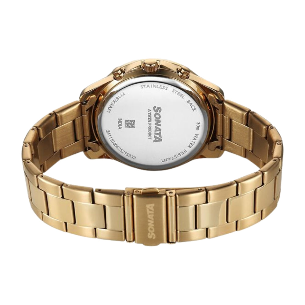Sonata Chronos Quartz Analog with Date Green Dial Golden Colour Stainless Steel Strap Watch For Men 77187KM06