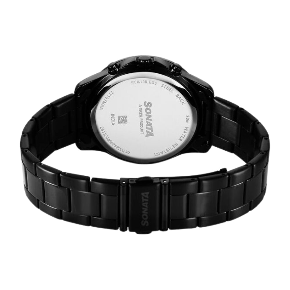 Sonata Chronos Quartz Analog with Date Black Dial Black Colour Stainless Steel Strap Watch For Men 77187NM01