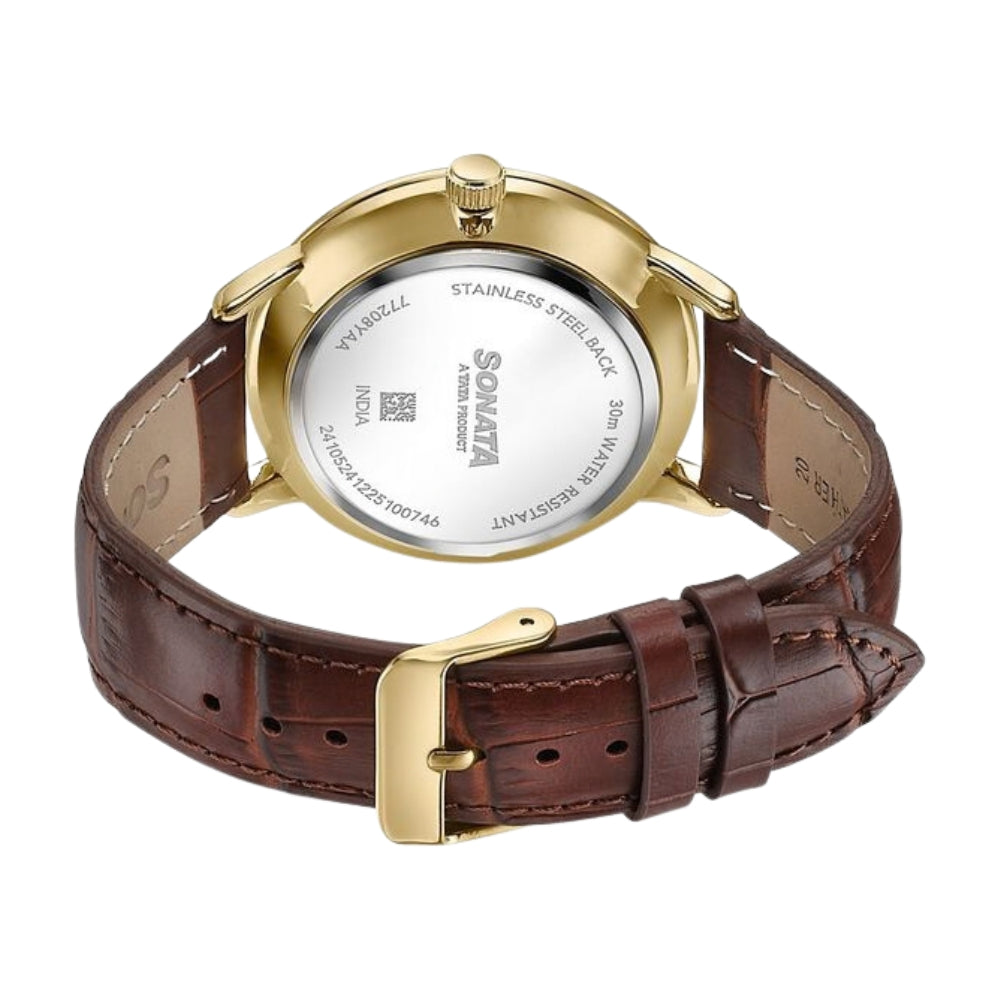 Sonata Jashn Quartz Analog Golden Dial Brown Leather Strap Watch For Men 77208YL01