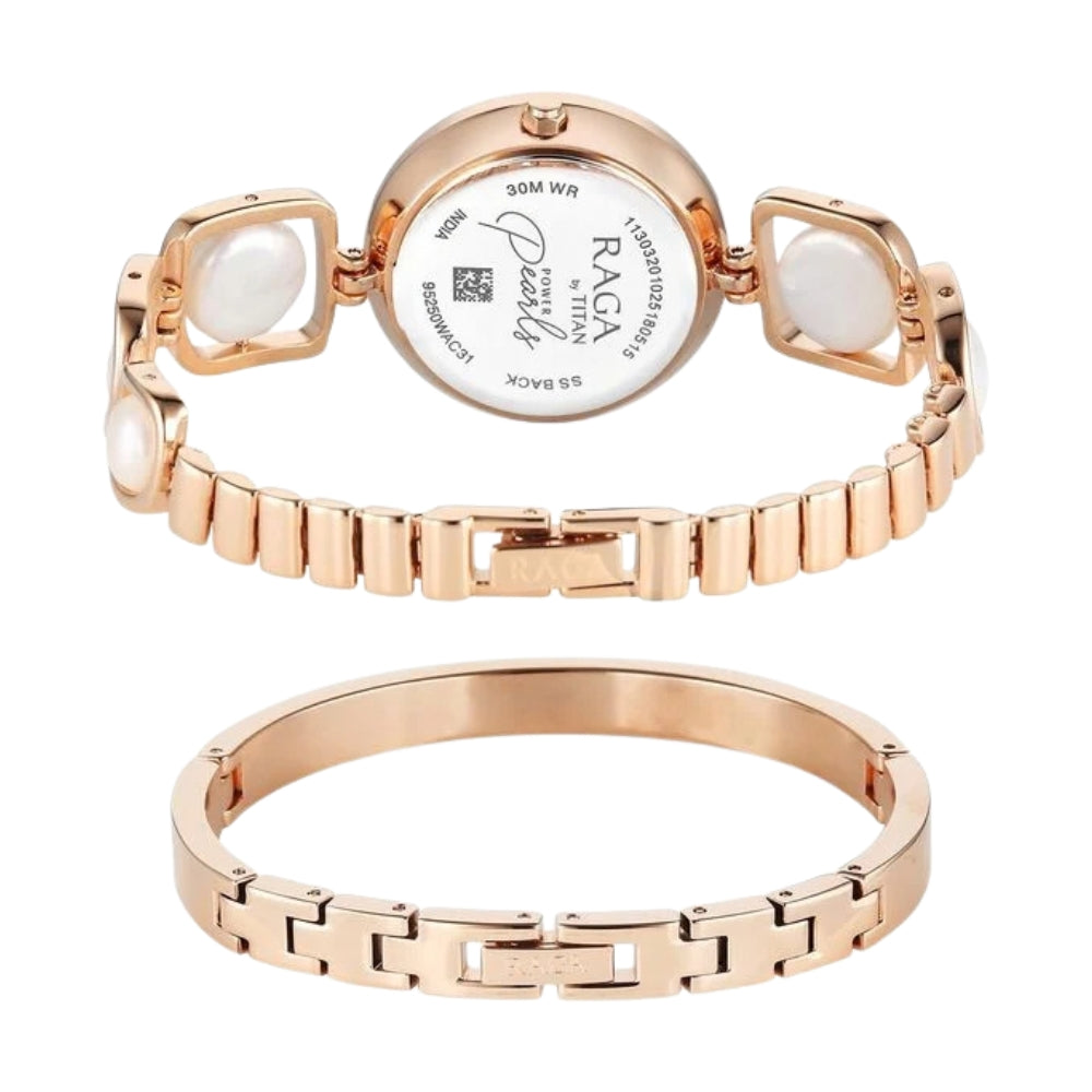 Titan Raga Power Pearls Quartz Analog Mother of Pearl Dial Rose Gold Metal Strap Watch For Women 95250WM02F