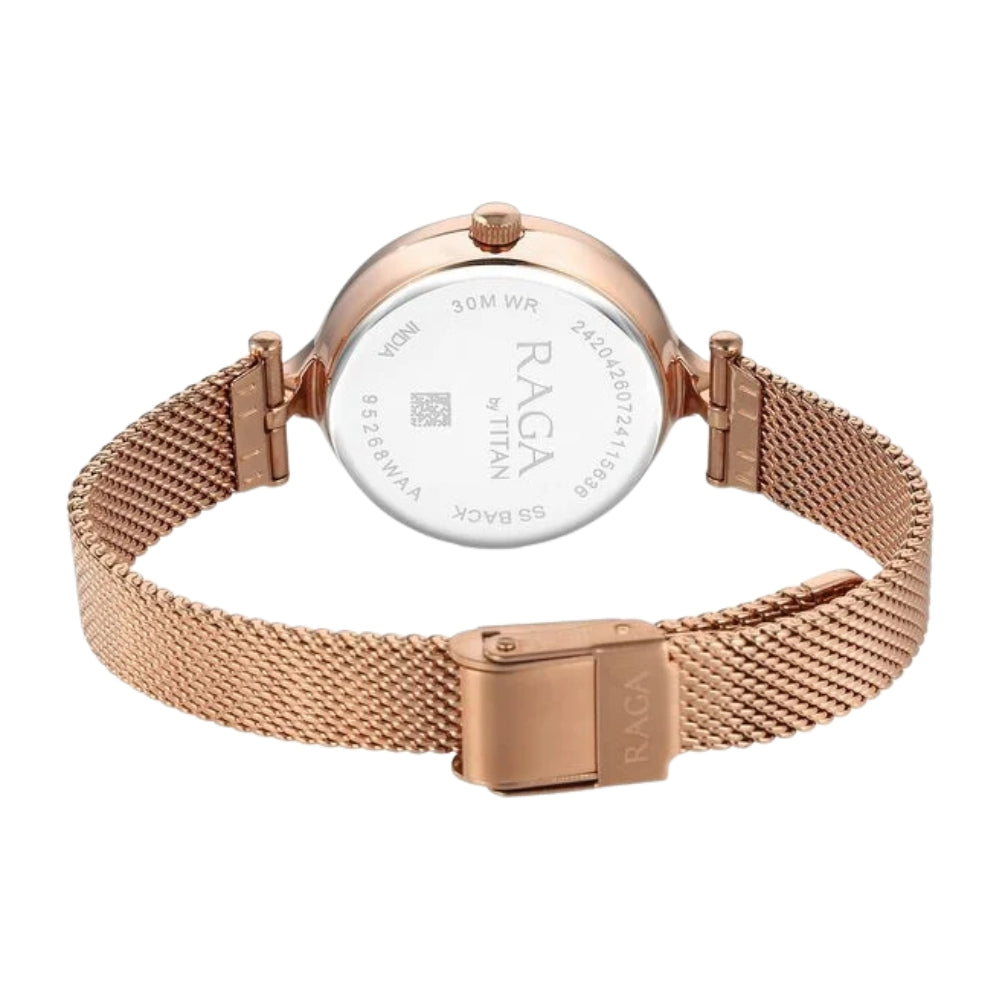 Titan Raga Showstopper Quartz Analog Rose Gold Dial Metal Strap Watch For Women 95268WM01