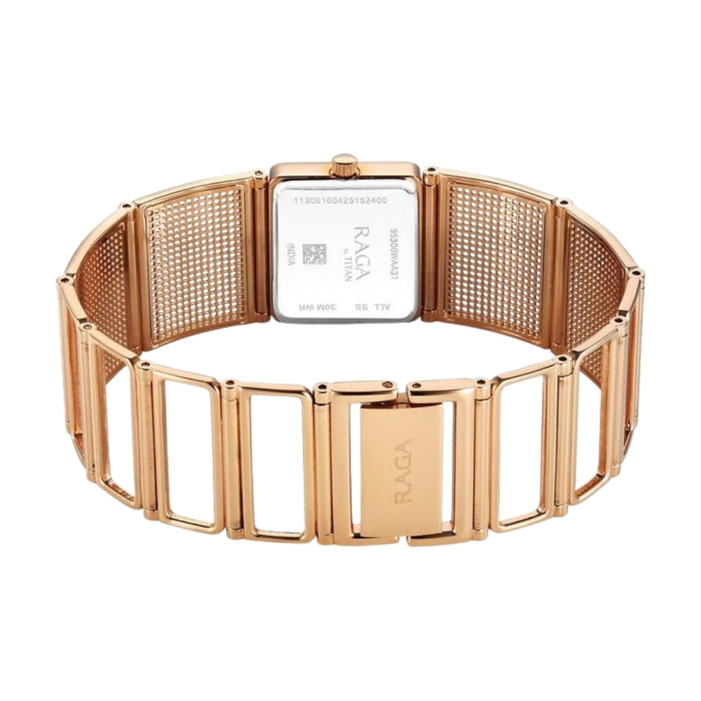 Titan Raga Ethereal Quartz Analog White Mother Of Pearl Dial Rose Gold Stainless Steel Strap Watch For Women 95300WM01