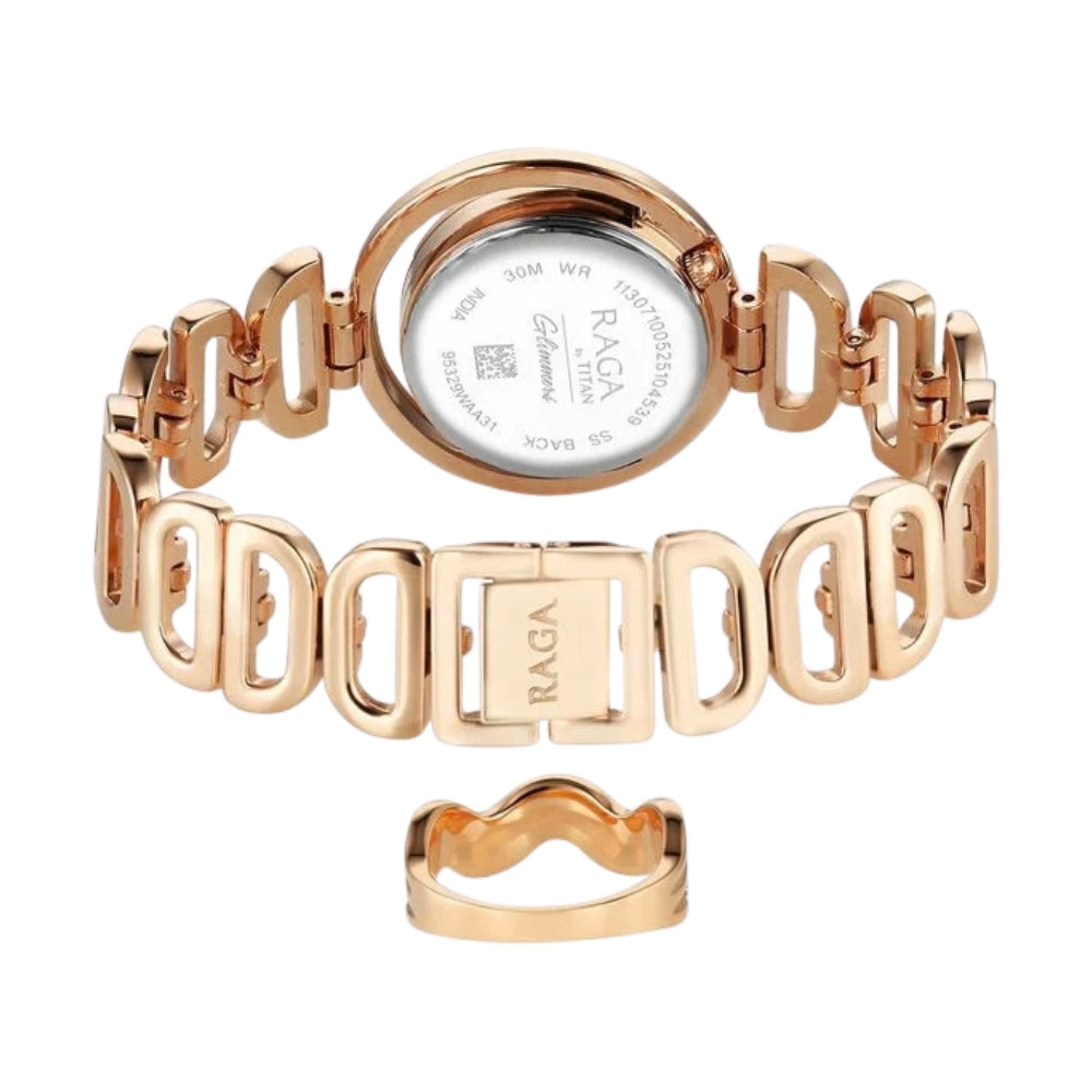 Titan Raga Glimmers Quartz Analog Mother of Pearl Dial Rose Gold Metal Strap Watch For Women 95329WM01F