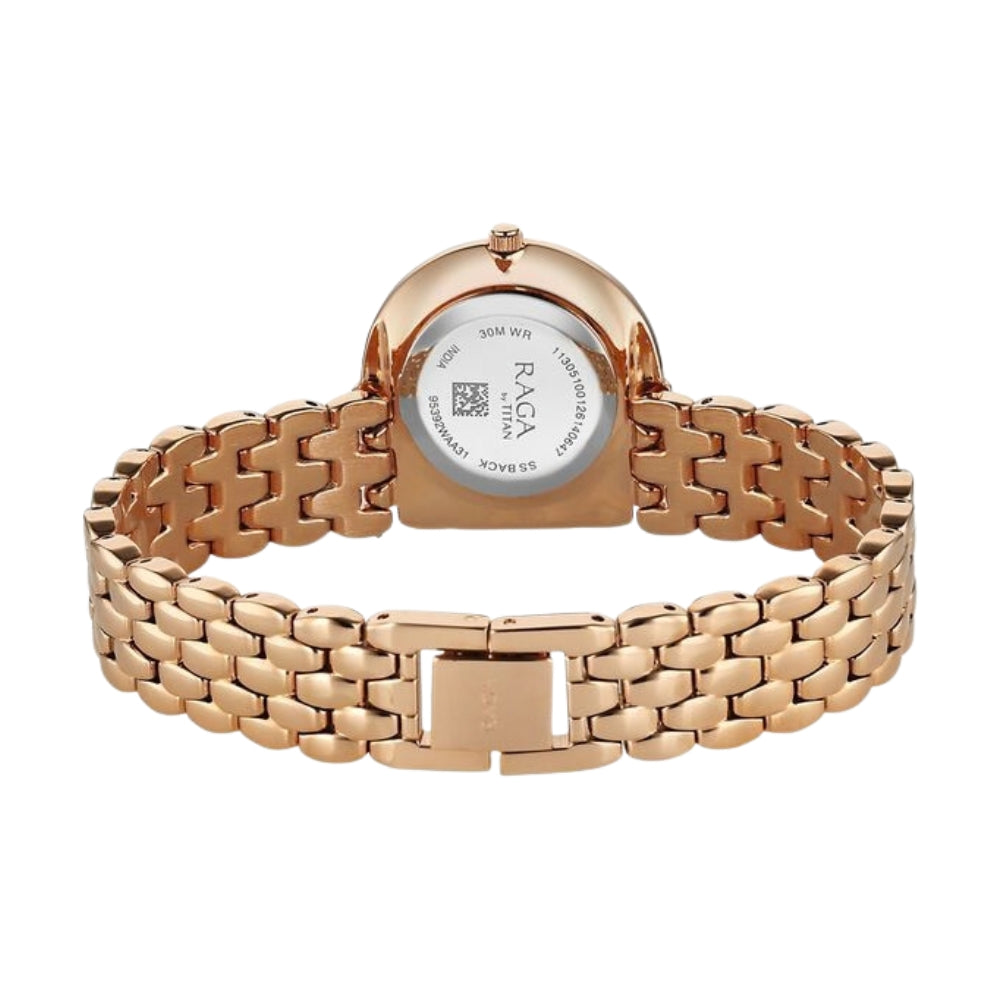 Titan Raga Chic Glam Quartz Analog Mother Of Pearl Dial Rose Gold Metal Strap Watch For Women 95392WM01