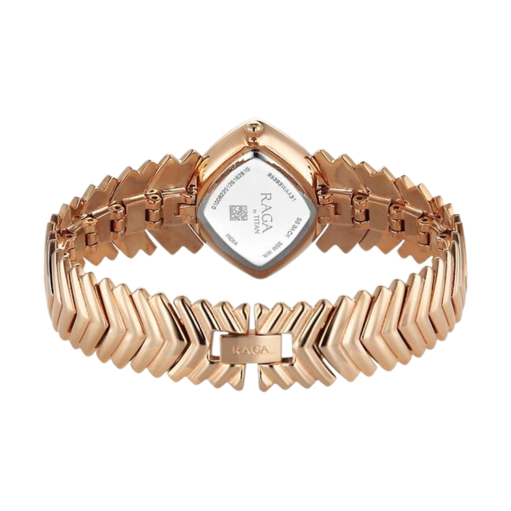 Titan Raga Chic Glam Quartz Analog Mother Of Pearl Dial Rose Gold Metal Strap Watch For Women 95393WM03