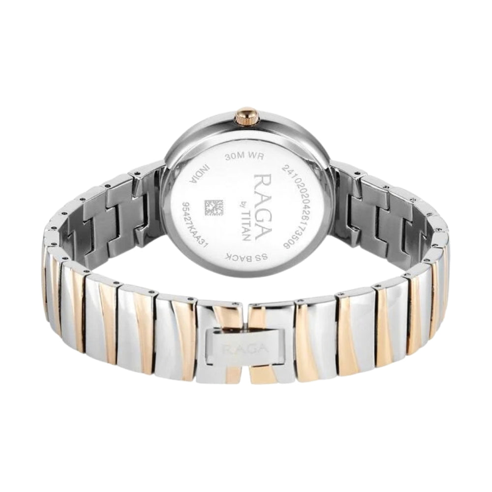Titan Raga Spotlight Quartz Analog Silver Dial Two Toned Metal Strap Watch For Women 95427KM01
