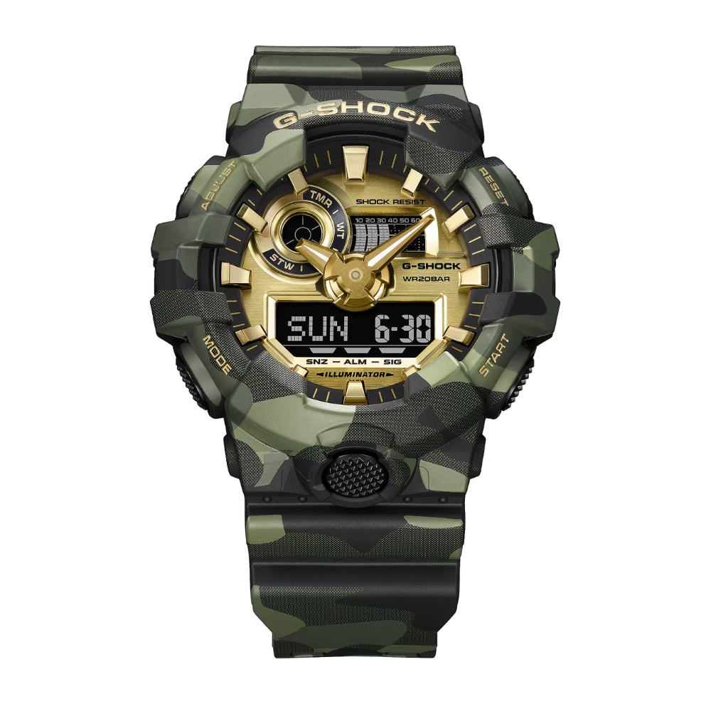 Casio G-Shock BOLD CAMO SERIES, CAMO AND GOLD ANALOG-DIGITAL GA-700 SERIES GA-700CMG-3A