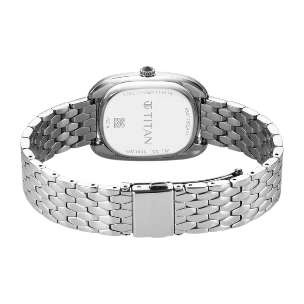 Titan Glamour Quartz Analog Blue Dial Silver Stainless Steel Strap Watch For Women 95317SM01