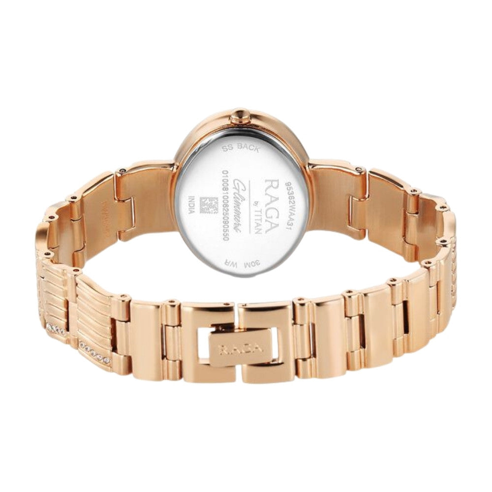 Titan Raga Glimmers Quartz Analog Pink Dial Rose Gold Metal Strap Watch For Women 95362WM01