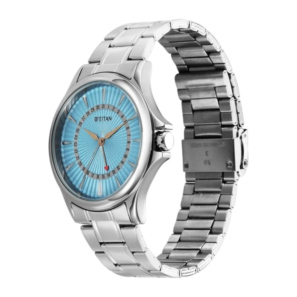Titan Karishma Quartz Analog with Date Blue Dial Stainless Steel Strap Watch For Men 10038SM01