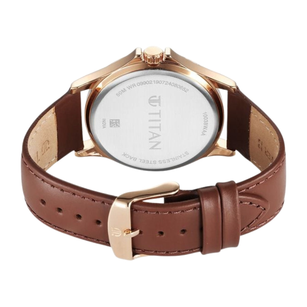 Titan Karishma Quartz Analog with Date Silver Dial Leather Strap Watch For Men 10038WL01