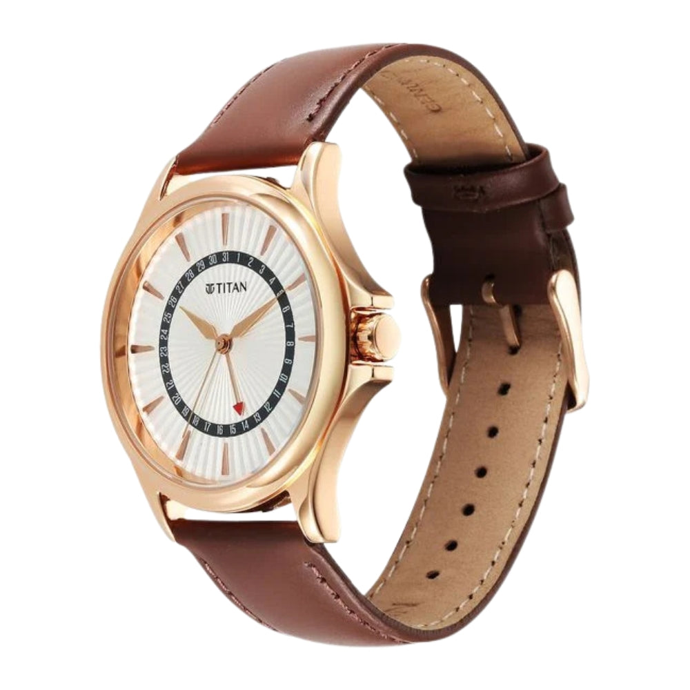 Titan Karishma Quartz Analog with Date Silver Dial Leather Strap Watch For Men 10038WL01