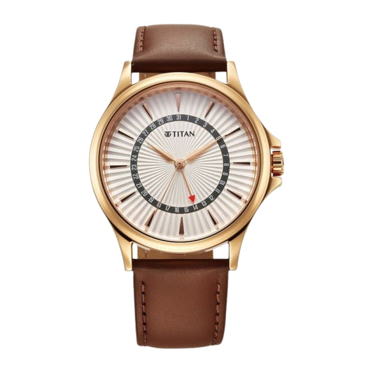 Titan Karishma Quartz Analog with Date Silver Dial Leather Strap Watch For Men 10038WL01