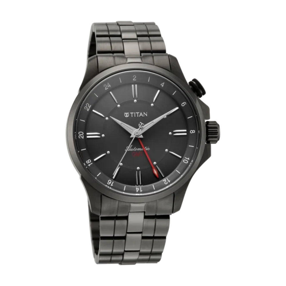Titan Automatic Black Dial Grey Stainless Steel Strap Watch For Men 10076QM01