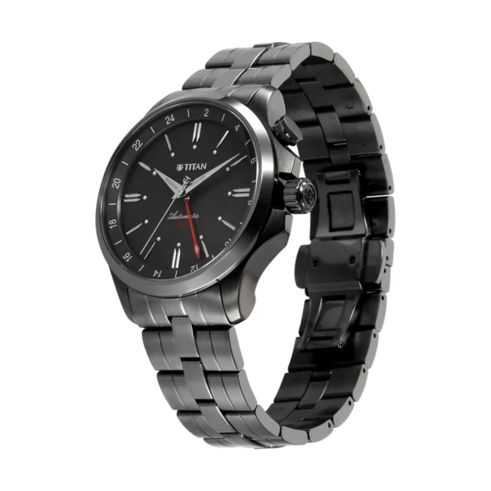 Titan Automatic Black Dial Grey Stainless Steel Strap Watch For Men 10076QM01