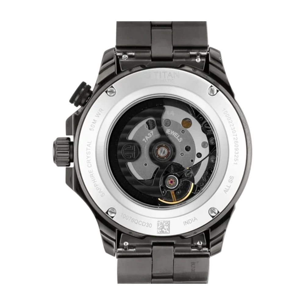 Titan Automatic Black Dial Grey Stainless Steel Strap Watch For Men 10076QM01