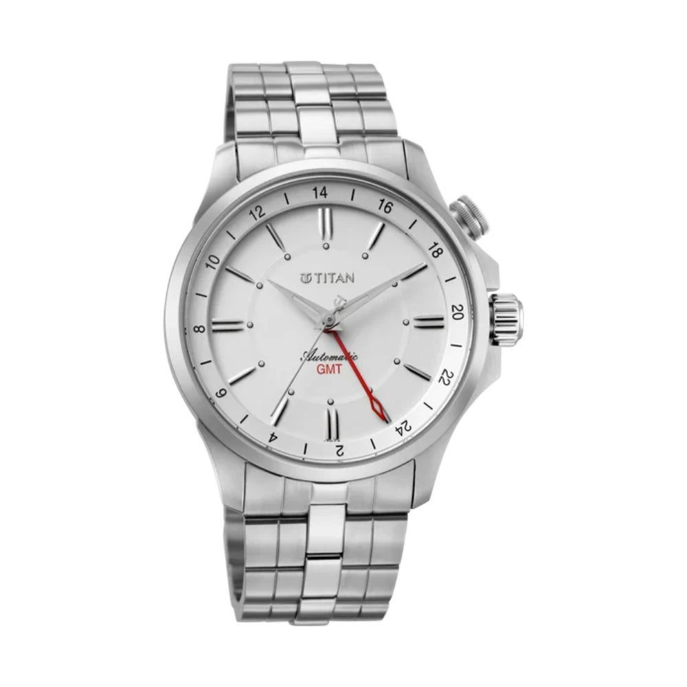 Titan Automatic White Dial Silver Stainless Steel Strap Watch For Men 10076SM01