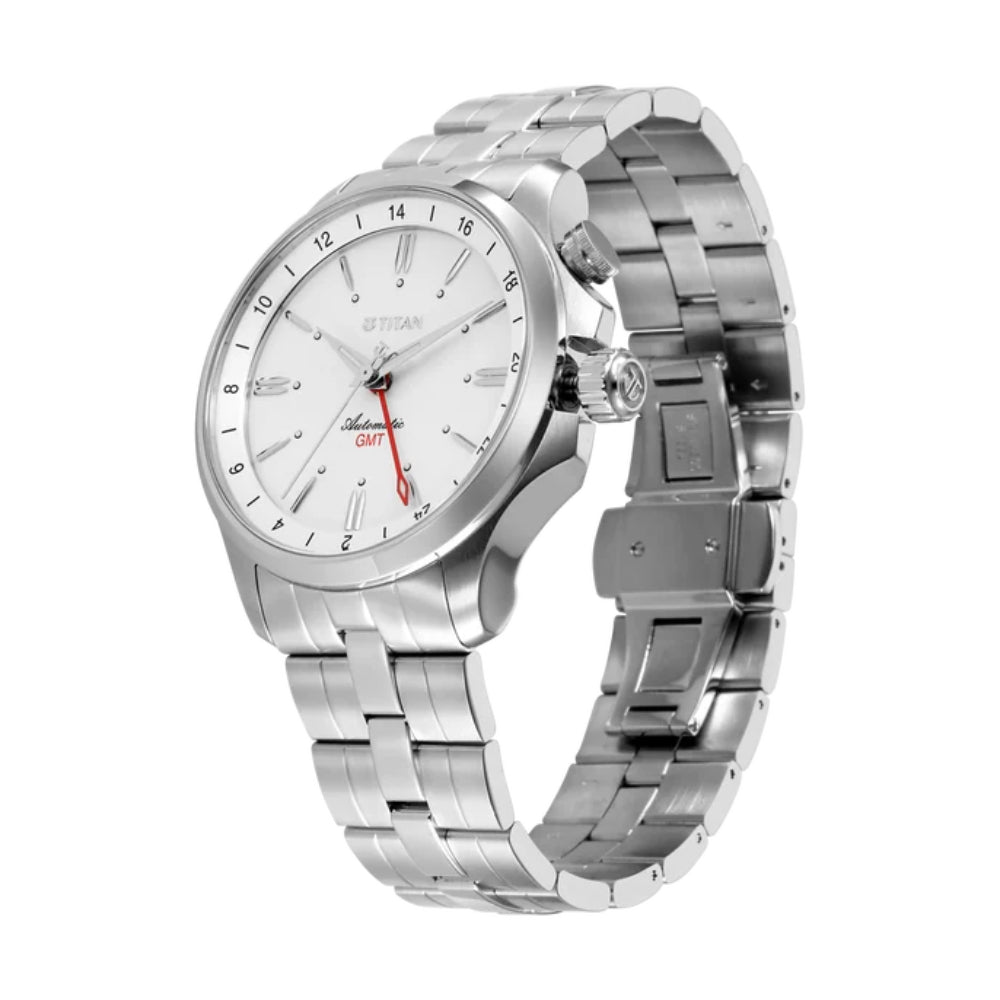 Titan Automatic White Dial Silver Stainless Steel Strap Watch For Men 10076SM01