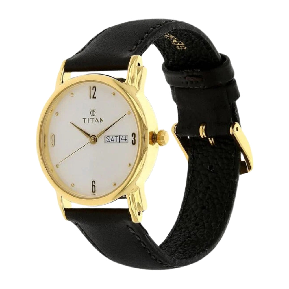 Titan White Dial Analog with Day and Date Leather Strap watch for Men - 32 mm Case Size - Small Dial 1445YL04