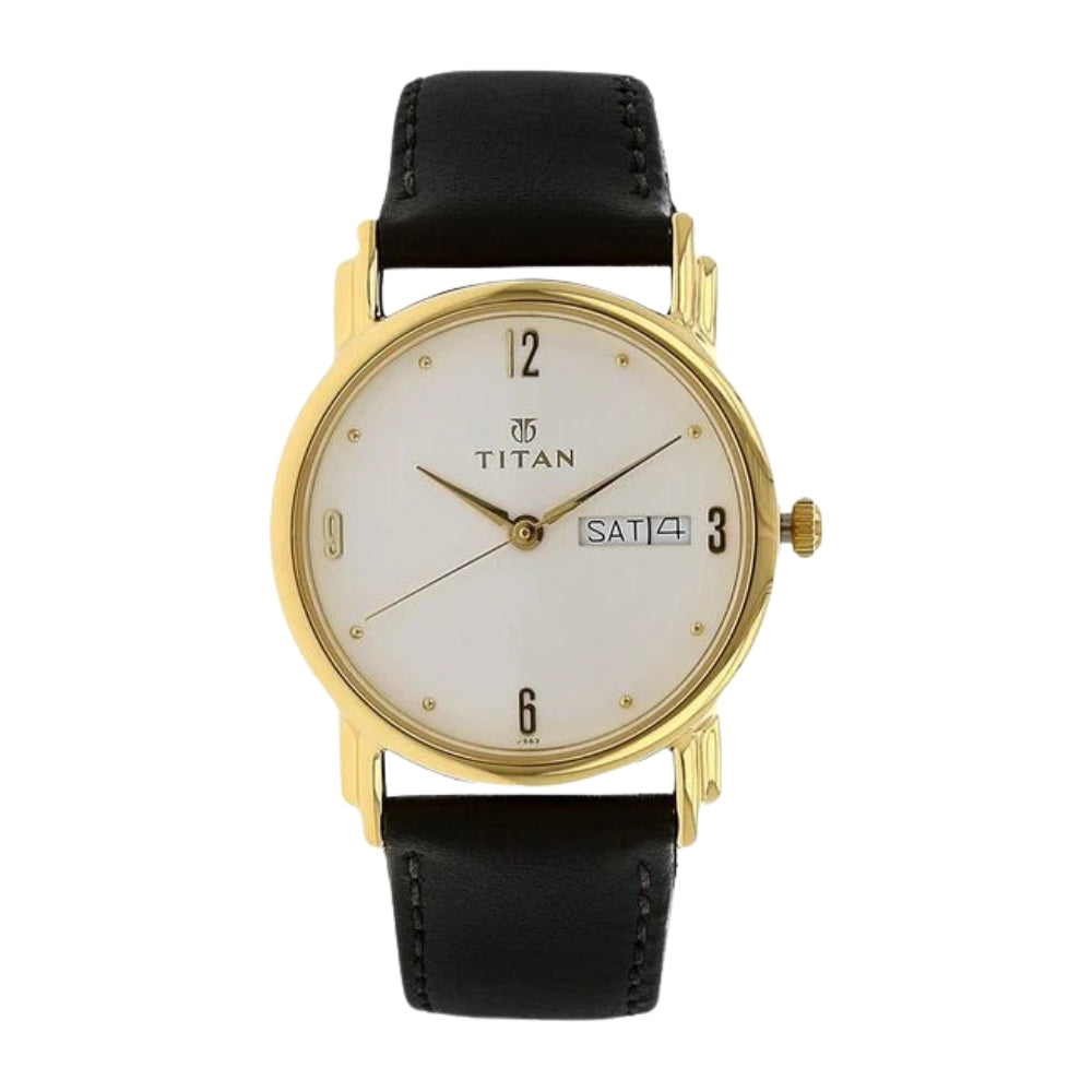 Titan White Dial Analog with Day and Date Leather Strap watch for Men - 32 mm Case Size - Small Dial 1445YL04