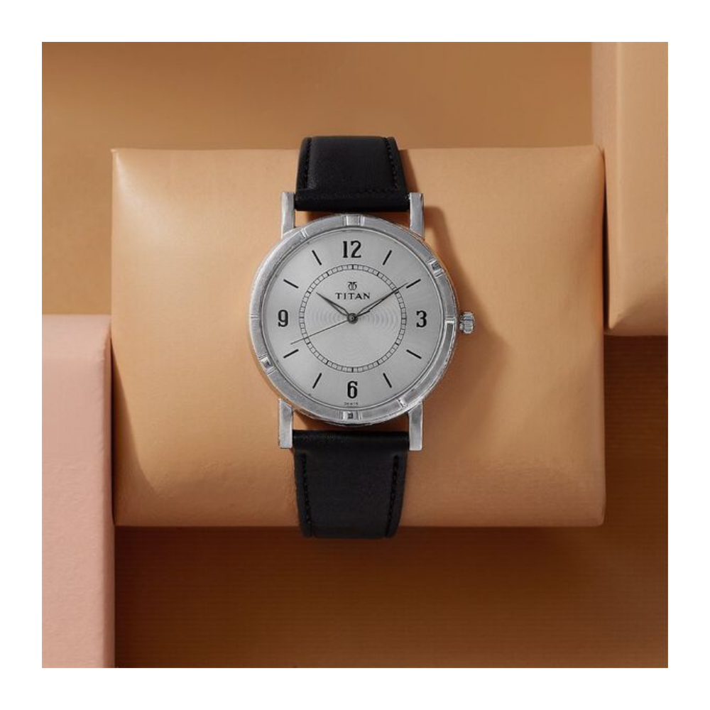 Titan Quartz Analog Silver Dial Leather Strap Watch for Men 1639SL03