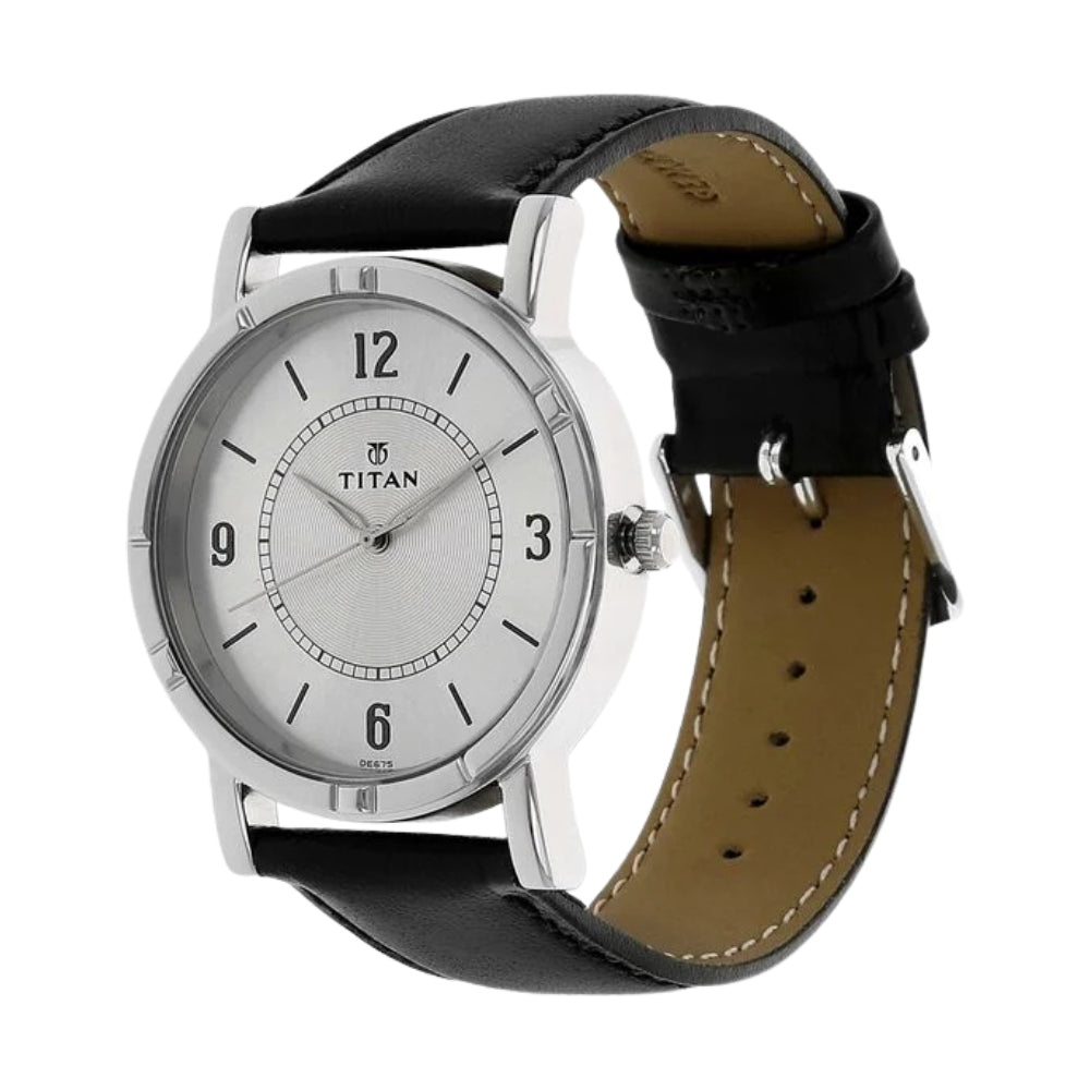 Titan Quartz Analog Silver Dial Leather Strap Watch for Men 1639SL03