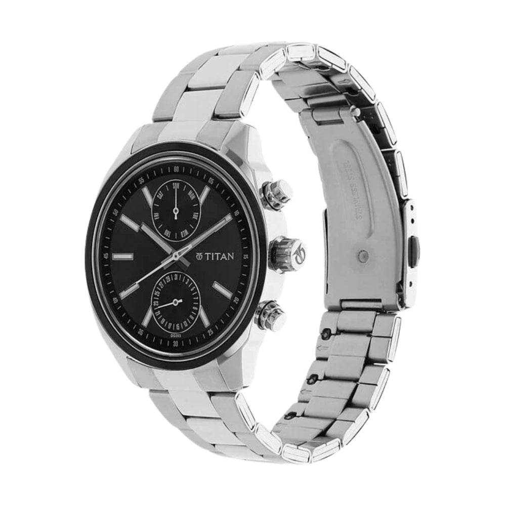Titan Men's Metropolitan Luxe: Multifunction Black Dial with Stainless Steel Bracelet Watch 1733KM01