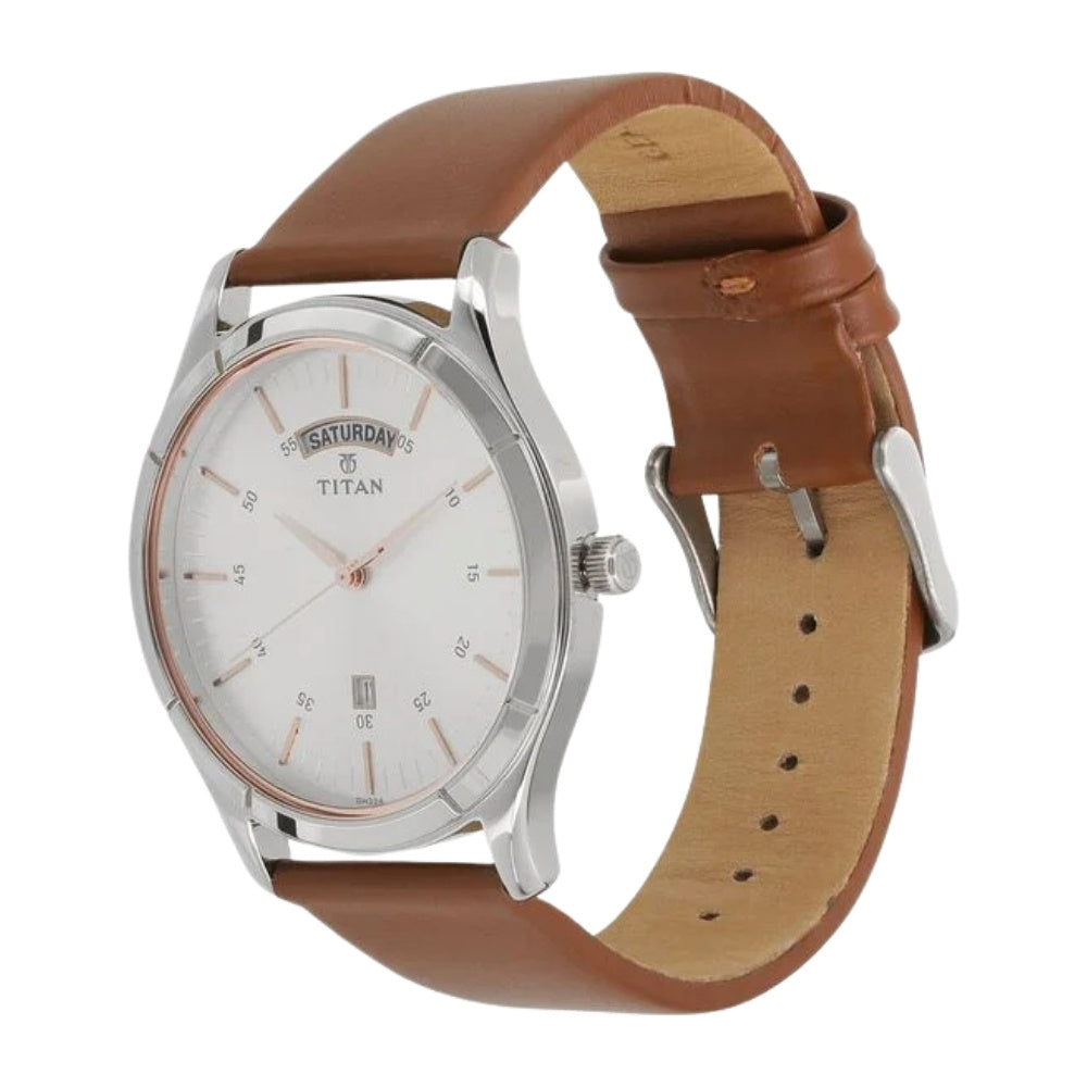 Titan On Trend White Dial Analog with Day and Date Leather Strap watch for Men 1767SL01