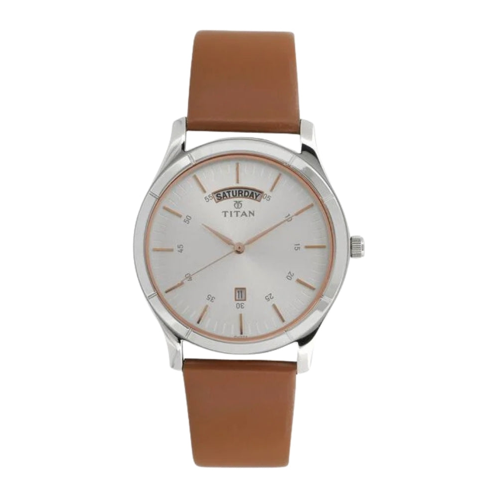 Titan On Trend White Dial Analog with Day and Date Leather Strap watch for Men 1767SL01