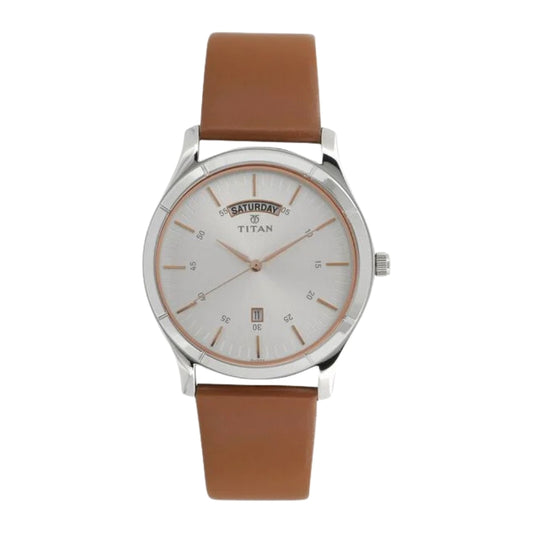 Titan On Trend White Dial Analog with Day and Date Leather Strap watch for Men 1767SL01