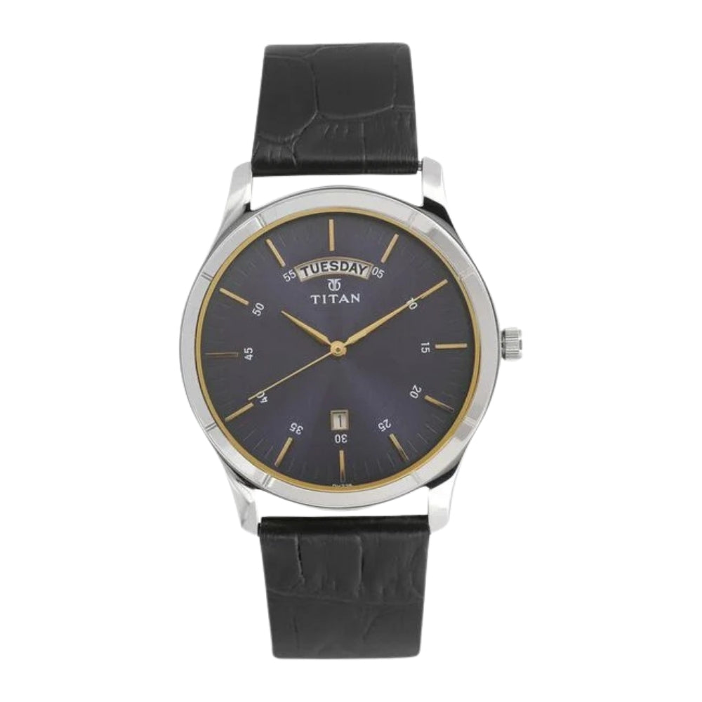 Titan Workwear Blue Dial Analog with Day and Date Leather Strap watch for Men 1767SL03