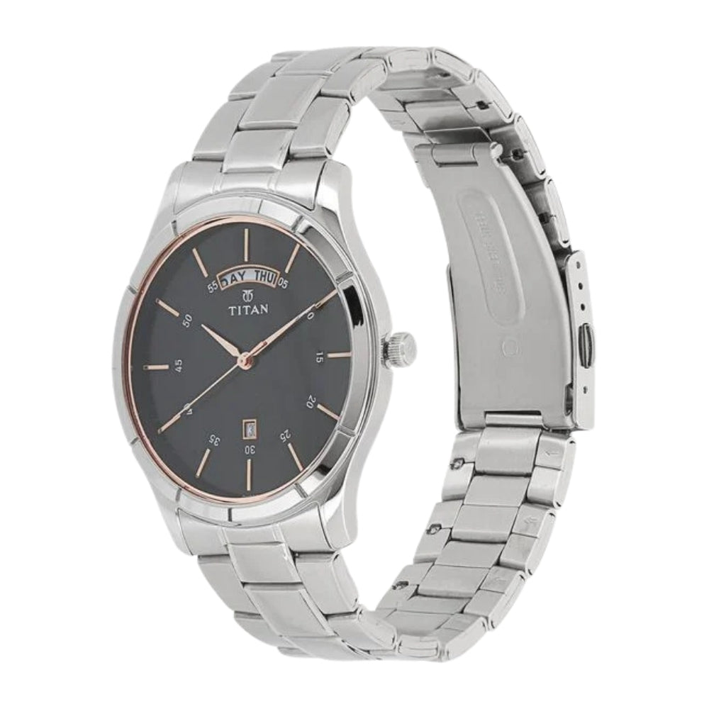 Titan Workwear Black Dial Analog with Day and Date Stainless Steel Strap watch for Men 1767SM02