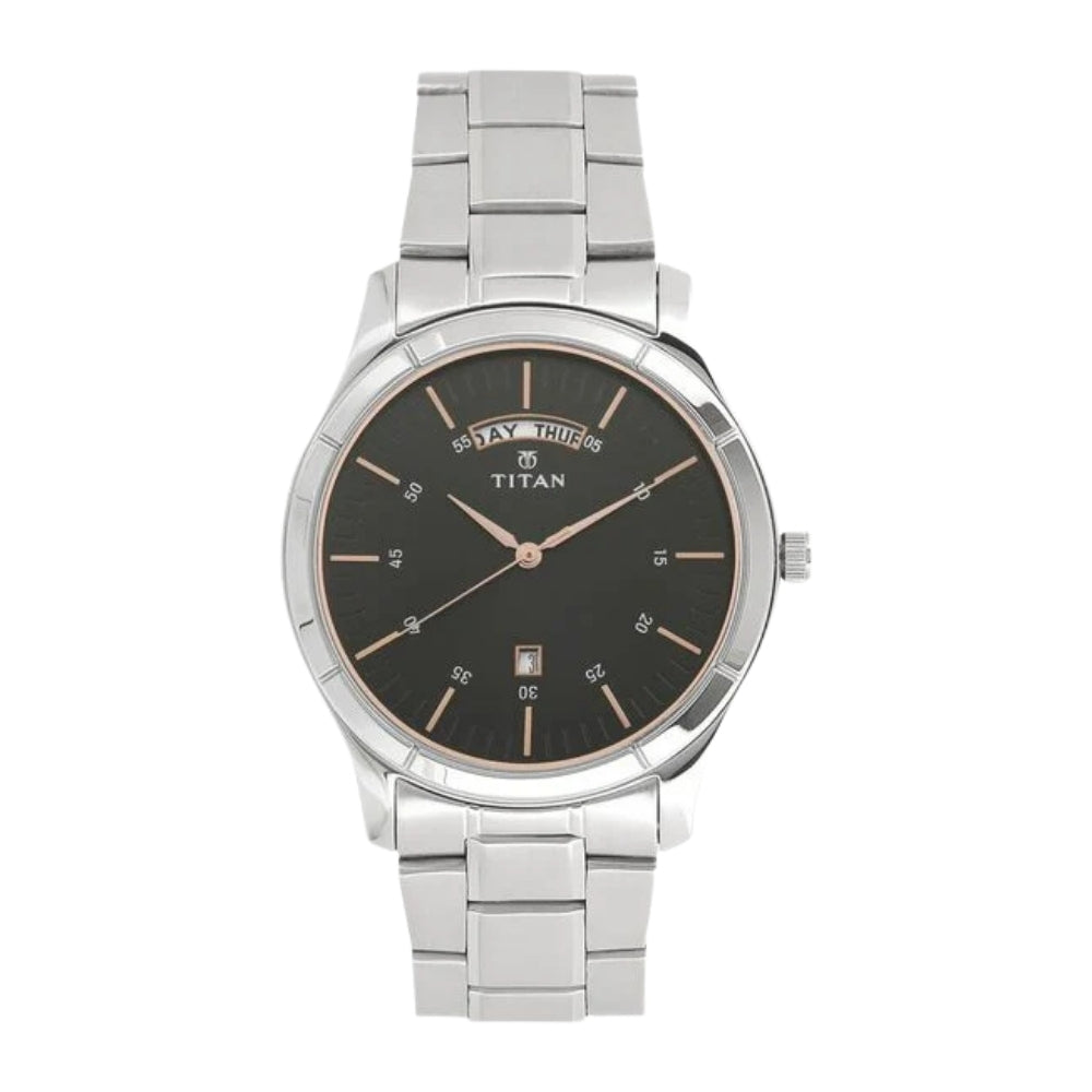 Titan Workwear Black Dial Analog with Day and Date Stainless Steel Strap watch for Men 1767SM02