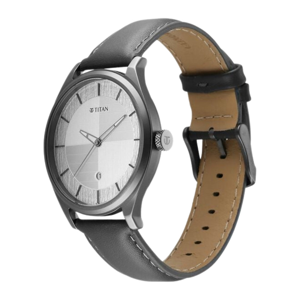 Titan Neo Economy Quartz Analog with Date Silver Dial Grey Leather Strap Watch For Men 1802QL01