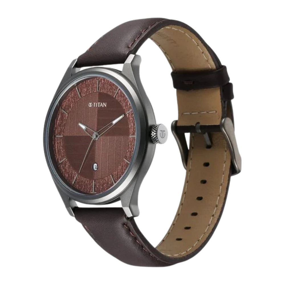 Titan Neo Economy Quartz Analog with Date Brown Dial Brown Leather Strap Watch For Men 1802QL02
