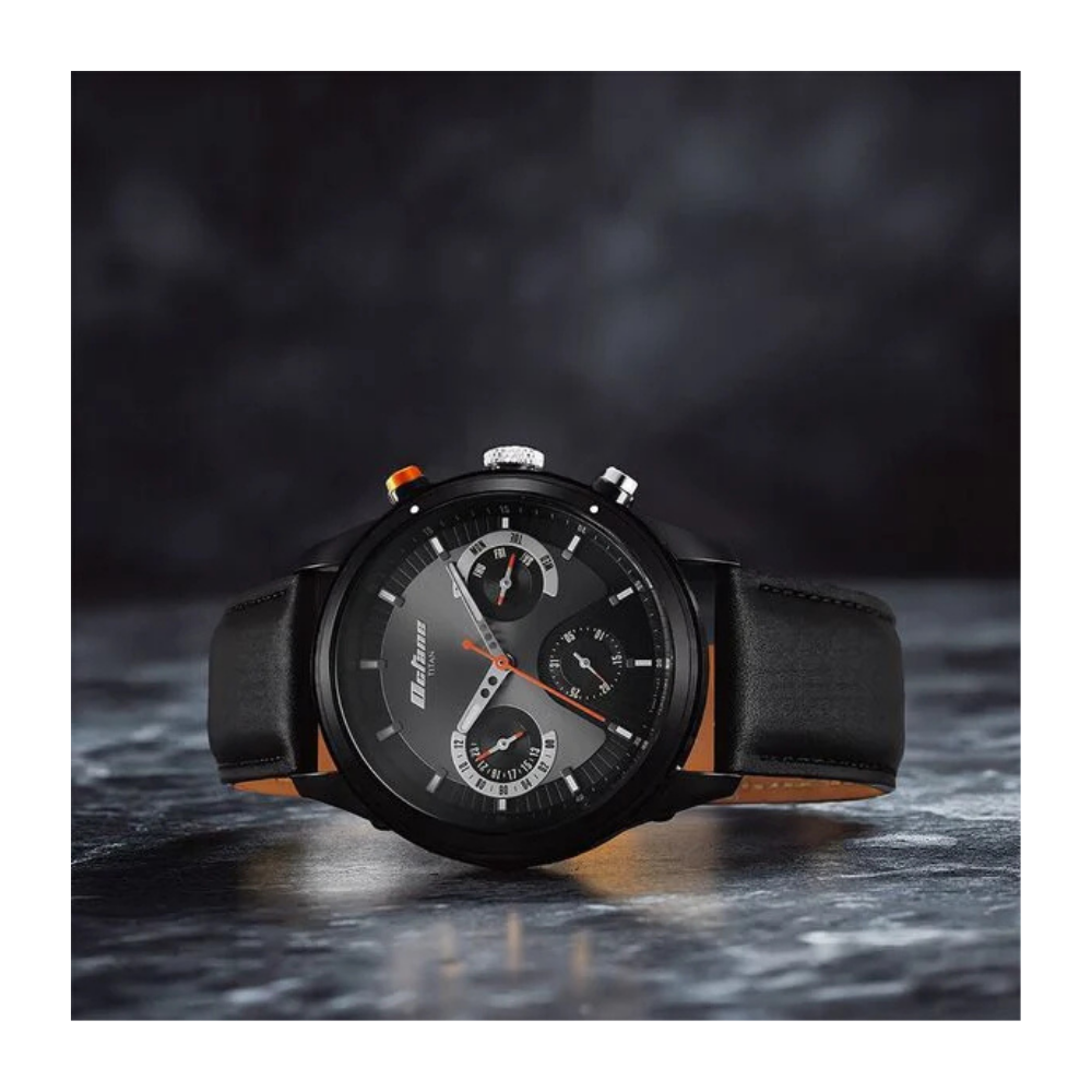 Titan Octane Quartz Multifunction Black Dial With Black Leather Strap Watch For Men 1805KL02