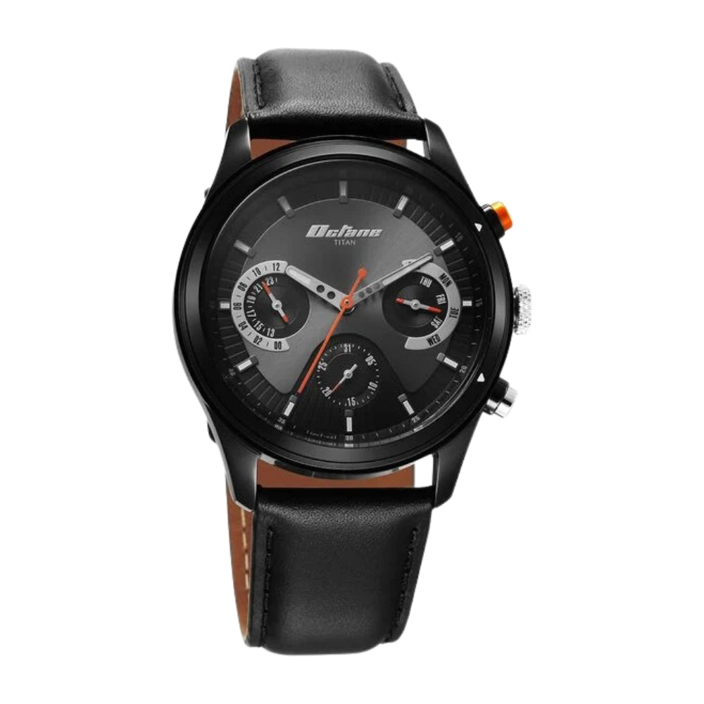 Titan Octane Quartz Multifunction Black Dial With Black Leather Strap Watch For Men 1805KL02