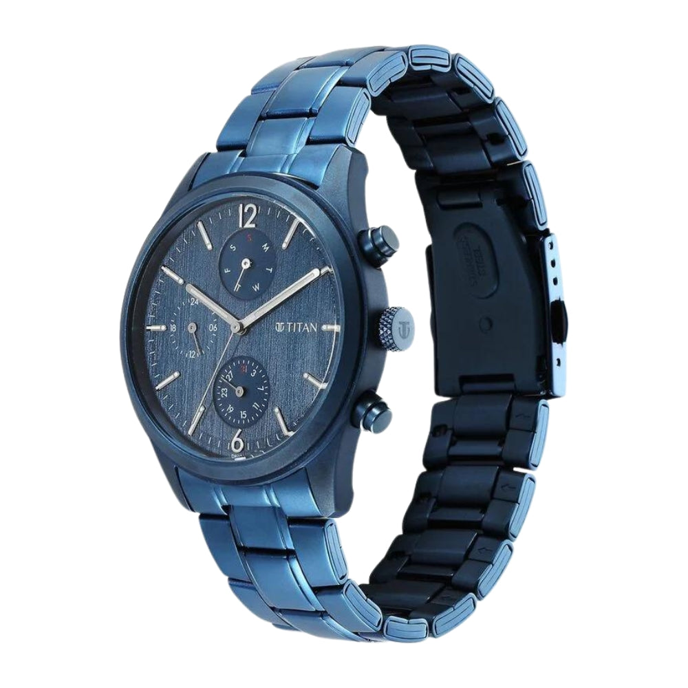 Titan Neo Splash Quartz Multifunction Blue Dial Stainless Steel Strap Watch for Men 1805QM07