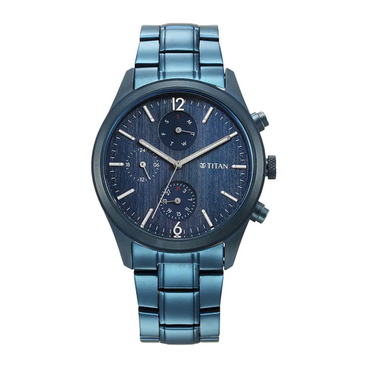 Titan Neo Splash Quartz Multifunction Blue Dial Stainless Steel Strap Watch for Men 1805QM07