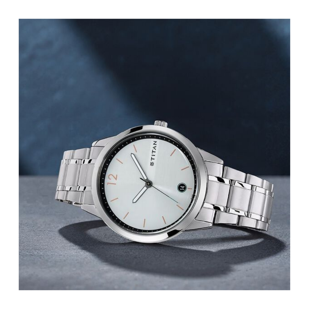 Titan Quartz Analog with Date White Dial Stainless Steel Strap Watch for Men 1806SM01