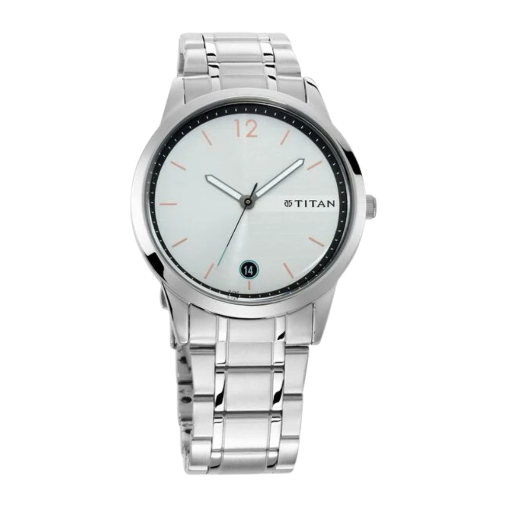 Titan Quartz Analog with Date White Dial Stainless Steel Strap Watch for Men 1806SM01