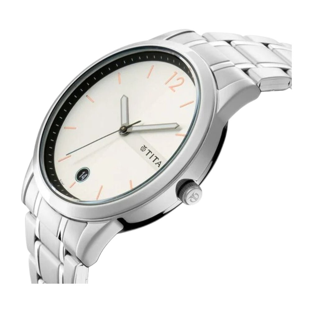 Titan Quartz Analog with Date White Dial Stainless Steel Strap Watch for Men 1806SM01